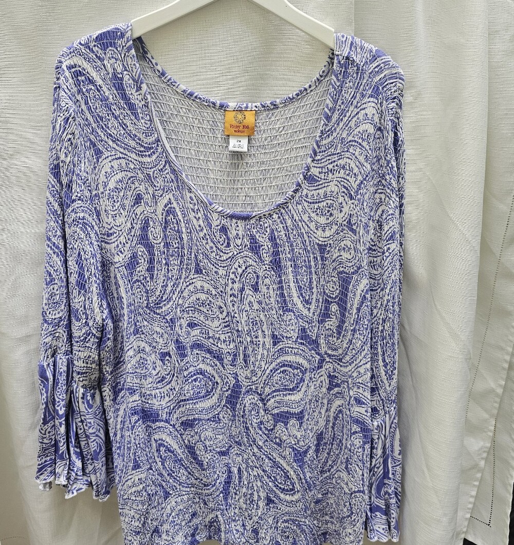 Ruby Rd. Women's Plus Size 2X Light Purple White Paisley Smocked Flouncy Sleeve